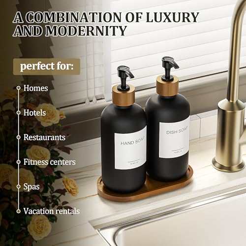 MASADI Black Soap Dispenser Set with Tray, Dish and Hand soap Lotion Dispenser Set with Wooden Pump for Kitchen and Bathroom Decor for Counter, Modern Vintage Liquid Soap Dispensers