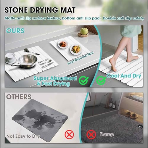 Dish Drying Mat Stone Bath Mat Diatomaceous Earth Stone Drying Mat For Kitchen Counter Sink Bath Mat Quick Dry Non Slip Foldable Dish Drying Rack Mat Large(24"×16" White)