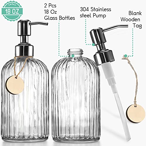 JASAI 2PACK 18 Oz Glass Soap Dispenser with Rust Proof Stainless Steel Pump | Refillable Hand Soap Dispenser with Vertical Stripe, Premium Bathroom soap Dispenser for Kitchen & Bathroom.