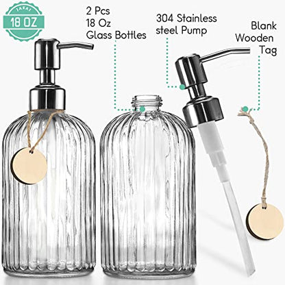 JASAI 2PACK 18 Oz Glass Soap Dispenser with Rust Proof Stainless Steel Pump | Refillable Hand Soap Dispenser with Vertical Stripe, Premium Bathroom soap Dispenser for Kitchen & Bathroom.