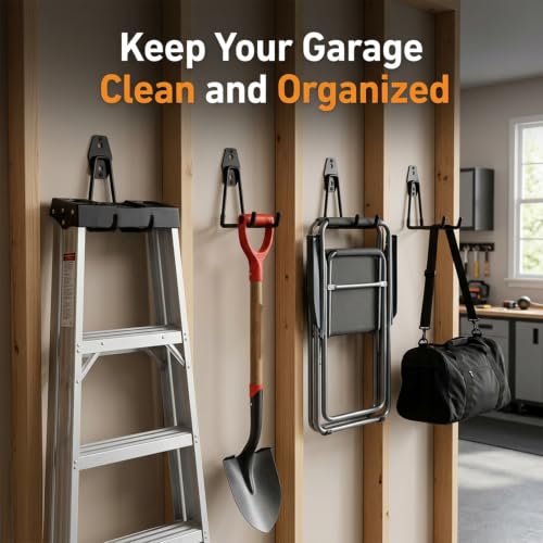 Garage Hooks, 4 Pack 7.7inch Large Square Wall Hooks for Hanging Heavy Duty Ladders, Bikes, Tools Ideal for Garage, Garden, Basement Utility Room Storage (Black)