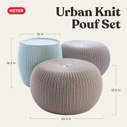 Keter Urban Knit Pouf Ottoman Set of 2 with Storage Table for Patio and Room Décor - Perfect for Balcony, Deck, and Outdoor Seating, Misty Blue & Taupe