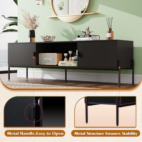 WLIVE 58" TV Stand for 65 Inch TVs, Mid Century Modern Entertainment Center with 2 Storage Cabinets & Open Shelf, Media Console Table with Metal Legs for Living Room, Bedroom, Black