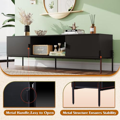 WLIVE 58" TV Stand for 65 Inch TVs, Mid Century Modern Entertainment Center with 2 Storage Cabinets & Open Shelf, Media Console Table with Metal Legs for Living Room, Bedroom, Black