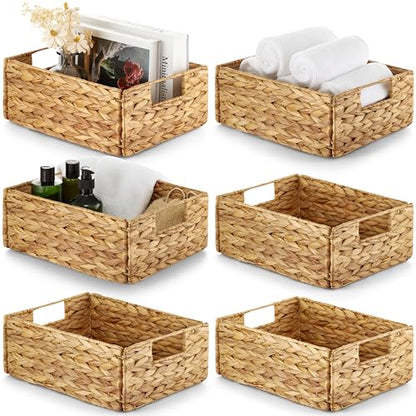 Bluewest Water Hyacinth Storage Baskets, Set of 6, Woven Bins with Handles | Organizer and Laundry Basket with Carrying Handles, Designed as a Rattan Bin for Shelves, Closets and Household Essentials.