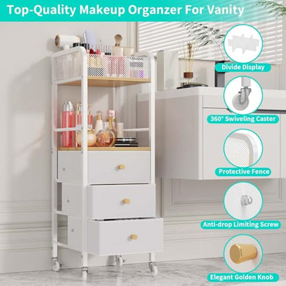 HapiRm Rolling Makeup Cart Organizer - Floor Skincare Make Up Storage with 3 Non-woven Fabric Drawers, Vanity Organizer Cosmetic Display Cases Holder for Skin Care Perfume Nail Polish Brush Hair Tool