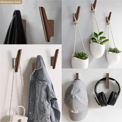 Wood Wall Hooks 4 Pack Coat Hooks Wall Mount, Towel Hooks for Bathrooms | Walnut Wooden Hooks for Hanging Hat, Bag, Backpack, Purse, Robe, Rustic Decor Coat Hooks for Wall Entryway Hooks(Walnut Dark)