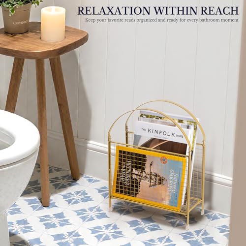 Freestanding Magazine Holder, Metal Magazine Rack Floor Stand | Modern Touch Handbag Design, for Magazine, Newspaper, Books, Vinyl Record (Gold)