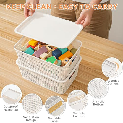 10 Pack Small Plastic Storage Bins with Lids, Stackable Plastic Storage Baskets for Organizing with Handles, Organizer Bins with Labels for Room, Craft, Containers for Pantry Organizers and Storage
