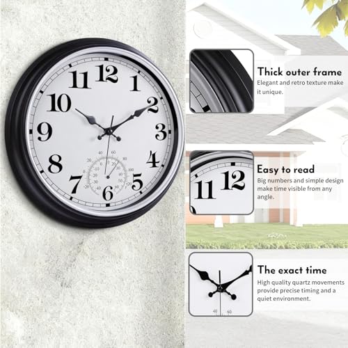 16 Inch Large Outdoor Clock Retro Waterproof Clock Non-Ticking, Black | Indoor/Outdoor Wall Clock with Thermometer, Battery Operated for Pool, Patio, Garden