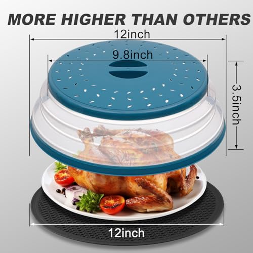 Large Microwave Splatter Cover & Silicone Mat,12 Inchs Vented Collapsible Guard dish Plate lid & Round Kitchen mat for food