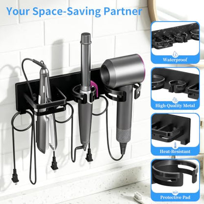 Hair Dryer Holder Wall Mount Metal Hot Tools Organizer Self Adhesive/Screw | 3 in 1 Hair Tool Organizer with Cord Organizer, Blow Dryer Holder with Curling Iron & Flat Iron Holder Matte Black