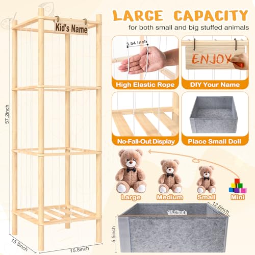 Stuffed Animal Storage with Toys Tray, 57In Large Wooden Stuffy Plushies Storage Holder Extra Large Capacity Stuffed Animals Zoo Organizer for Toddler Rooms, Playrooms & Bedrooms