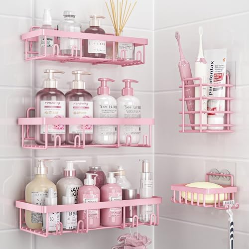 5 Pack Shower Caddy for Inside Shower, Pink Bathroom Decor Set | Large Rustproof Stainless Steel Organizer with Strong Adhesive, No Drilling Wall Shelves, Cute Girly Bathroom Accessories