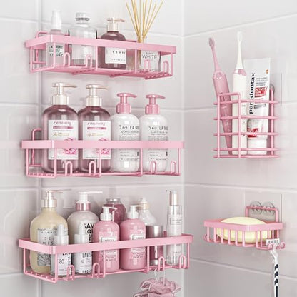 5 Pack Shower Caddy for Inside Shower, Pink Bathroom Decor Set | Large Rustproof Stainless Steel Organizer with Strong Adhesive, No Drilling Wall Shelves, Cute Girly Bathroom Accessories