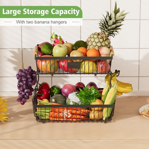 2 Tier Fruit Basket for Kitchen Counter with 2 Banana Hangers, Countertop Metal Bread Basket with Wooden Handle, Large Storage Stand for Vegetables, Snacks, Eggs, Produce Storage – Black