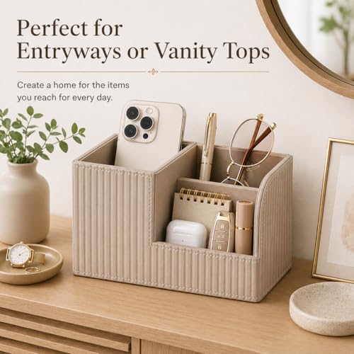 Desk Pen Organizer Office Supplies Caddy Pu Leather Multi-function Storage Box Pen/Pencil,Cell phone, Business Name Cards Remote Control Holder (Mocha Beige)