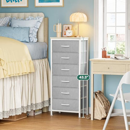 Huuger Tall Dresser for Bedroom, Stable 6 Drawer Dresser with Anti-Tip Device, PU Leather & Fabric Drawers, Tall Nightstand for Closet, Nursery, Storage Tower for College Dorm High Beds, Grey