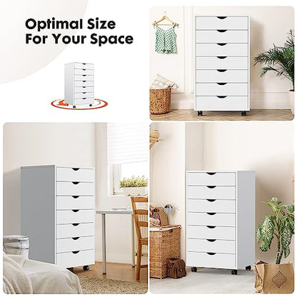 OLIXIS 7 Drawer File Cabinet on Wheels, Printer Stand | Fits Under Desks, Wood Storage Organization Holds Printer, Office Supplies, Not For Hanging Files, For Home Office Use White