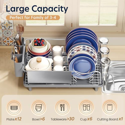 KINGRACK Stainless Steel Dish Drying Rack with Cup Holder for Counter, Grey | 16.9"L x 12.4" W Dish Rack with Spacious Drying Capacity, Quick Auto Dish Drainer for Plate Dish Dinnerware，Sliver
