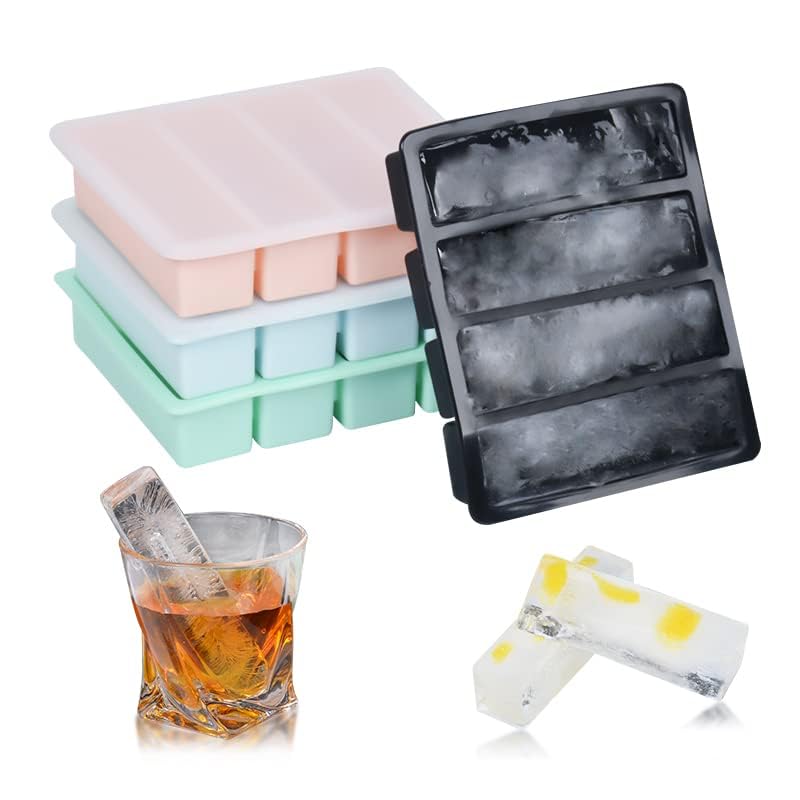 LONGFITE Large and Long Ice Cube Tray 2 Pack Silicone Freezing Container Sticks with Lid for Whiskey, Water Bottle, Food Leftovers and Baking