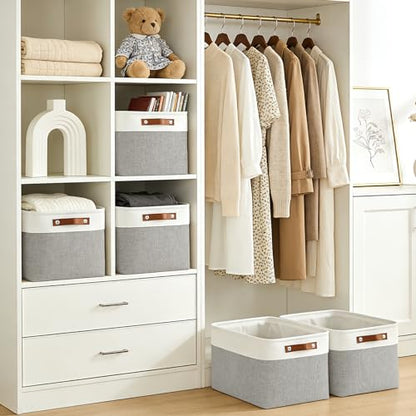 Storage Bins Large Fabric Storage Baskets for Shelves 3 Pack, Decorative Linen Closet Baskets with Handles for Organizing, Shelf, Clothes, Home, Office, 15x11x9.5Inches (Grey&White)