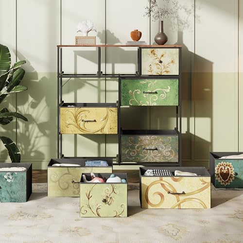 WLIVE Tall Dresser for Bedroom, 11 Drawer Chest of Drawers, Floral | 11 fabric storage drawers, Tall high-capacity design, Bedroom or dorm use, Sturdy steel frame, Smooth wood tabletop