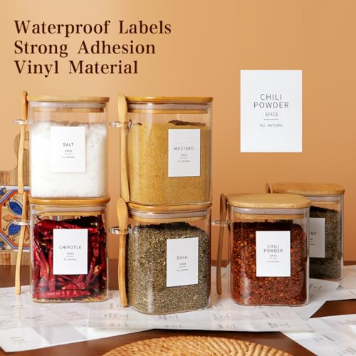 HHMJSM 6 Pcs Square Glass Jar with Bamboo Lid and Spoon - 27 oz Large Sugar Container with 148 Kitchen Pantry Spice Jar Labels Preprinted - Glass Containers with Wooden Lids Hold Coffee, Tea, Candy