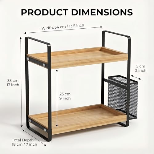 2-Tier Wood Bathroom Counter Organizer with Basket,Waterproof Vanity Perfume Skincare Storage for Bathroom, Kitchen, Dresser