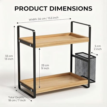 2-Tier Wood Bathroom Counter Organizer with Basket,Waterproof Vanity Perfume Skincare Storage for Bathroom, Kitchen, Dresser