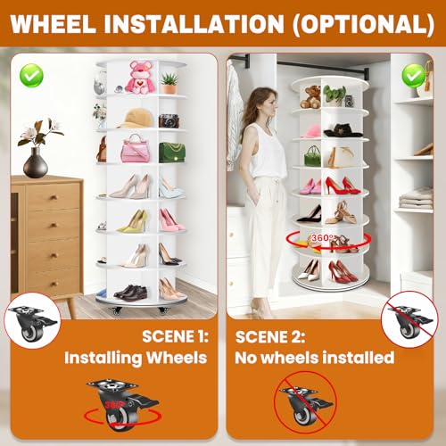 7 Tier Rotating Shoe Rack with 4 Universal Wheels, 360° Revolving Free Standing Shoe Organizer, Multifunctional Storage Revolving Shoe Rack Tower, Spinning Shoe Racks Display Lazy Susan Equipped