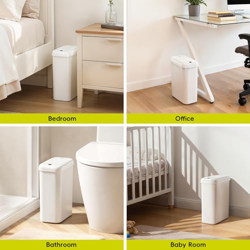 EKO Automatic Bathroom Trash Can with Lid, 2.6 Gallon Slim Touchless Garbage Can, Waterproof Motion Sensor Trash Bin for Bathroom, Office, Kitchen, White
