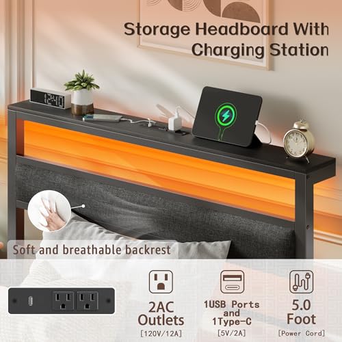 Twin Bed Frames, Upholstered Headboard and Storage Shelf, Black | led lights, under-bed storage, no box spring, easy assembly, sturdy steel frame, USB+Type-C+AC ports, app & remote control