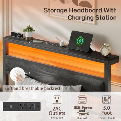 Twin Bed Frames, Upholstered Headboard and Storage Shelf, Black | led lights, under-bed storage, no box spring, easy assembly, sturdy steel frame, USB+Type-C+AC ports, app & remote control