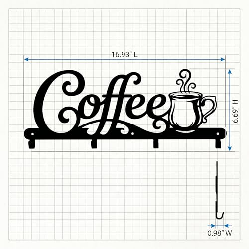 Coffee Mug Holder Wall Mount with 4 Hooks, 16.93 Inch Metal Coffee Bar Decor Sign, Heavy Duty Iron Cup Rack Hanger for Kitchen, Cafe and Home Organization, Matte Black（16.93"L x 6.69"H x 0.98"W)