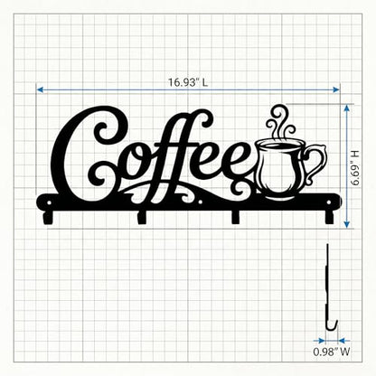 Coffee Mug Holder Wall Mount with 4 Hooks, 16.93 Inch Metal Coffee Bar Decor Sign, Heavy Duty Iron Cup Rack Hanger for Kitchen, Cafe and Home Organization, Matte Black（16.93"L x 6.69"H x 0.98"W)