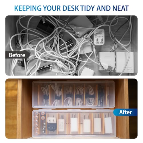 2 Pack Cable Organizer Storage Box with 16 Cable Ties, Clear Phone Charger Organizer Case Wire Organizers for Cords Electronic Storage Box for Drawer Desk Office Home