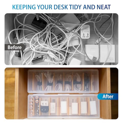 2 Pack Cable Organizer Storage Box with 16 Cable Ties, Clear Phone Charger Organizer Case Wire Organizers for Cords Electronic Storage Box for Drawer Desk Office Home