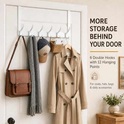 2 Pack Over The Door Hooks, Sturdy Door Hanger, Large Over The Door Towel Rack with 12 Hooks, Heavy Duty Easy to Install, for Bathroom, Bedroom，Kitchen，Hanging Towels, Coats (White)