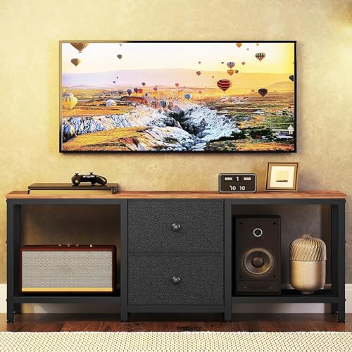 TV Stand for TVs up to 55", Entertainment Center with 2 Fabric Drawer, Media Console with Shelves, Television Stands for Living Room, Bedroom, Rustic Brown and Black DS02BR