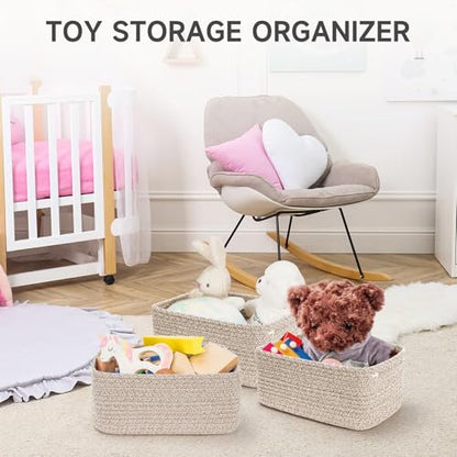 3 Pack Small Storage Baskets for Organizing, 11.8×7.8×5.1", Mixed Brown | Woven Baskets for shelves, Cotton Rope Basket for Gifts Empty, Closet Organizer Bins with Handles, Cube Decorative Box