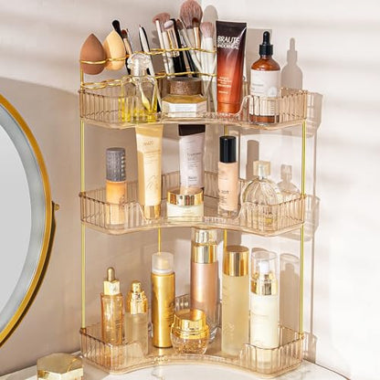 Makeup Organizer 3-Tier Bathroom Counter Organizer with Makeup Brush Holder | Corner Bathroom Organizer Countertop, Acrylic Counter Storage for Bathroom Dresser, Skincare Perfume Organizer- Amber Gold