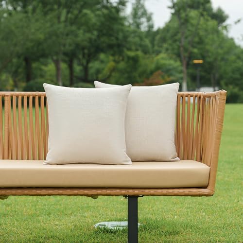 NiNi ALL Outdoor Waterproof Beige Throw Pillow Covers Set of 2 18x18 Inch Faux Linen Texture Decorative Farmhouse Solid Water Resistant Cushion Covers for Tent Patio Garden Couch Sofa