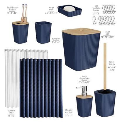 Clara Clark Bathroom Set, Shower Curtain Set, Bathroom Accessory Set | 20 Piece Navy Blue Bathroom Accessories Set with Toothbrush Holder, Soap Dispenser, Soap Dish, Toilet Brush, and Trash Can
