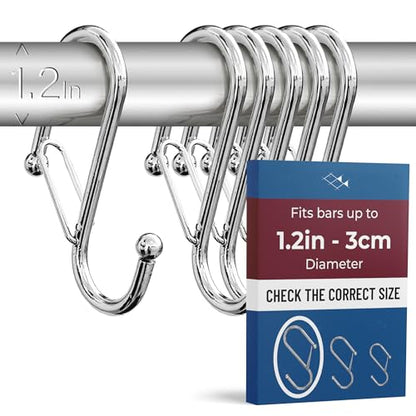 6-Pack Metal S Hooks for Hanging – Heavy-Duty S-Shaped Hook with Safety Buckle – Fits Bars up to 1.2 in – Anti-Drop S-Hooks for Closet, Wardrobes & Storage – Silver (Large)