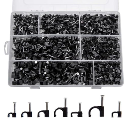 700 Pcs Cable Clips with Steel Nails, Nail in Cable Clips, Black 4/5/6/8/10mm Cable Wire Clips, Cable Wall Clips, Wire Staples Cord Clips with Nails for Speaker Ethernet Cords Wires