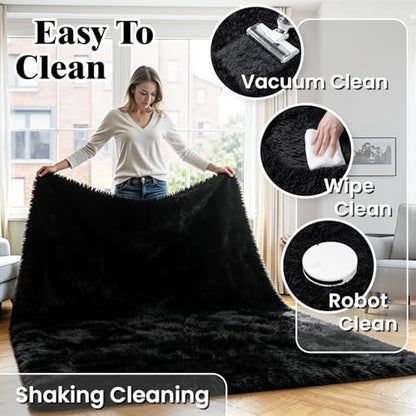8x10 Area Rug for Living Room, Ultra Soft Fluffy Black Rugs for Bedroom, Non Slip Large Shag Carpet, Fuzzy Plush Nursery Rug, Thick Washable Indoor Floor Carpets for Kids Office Dorm Home Decor