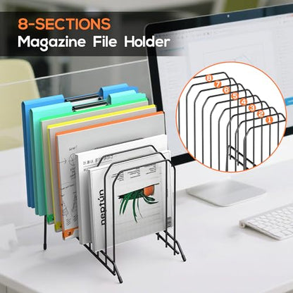 Incline Sorter Desk File Organizer, Metal Desk Magazine Folder Holder with 8-Section Vertical Compartments Rack File Organizer for Office, Home, School