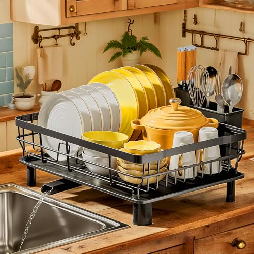 Dish Drying Rack with Drainboard for Kitchen Count... (Black | Stainless Steel)