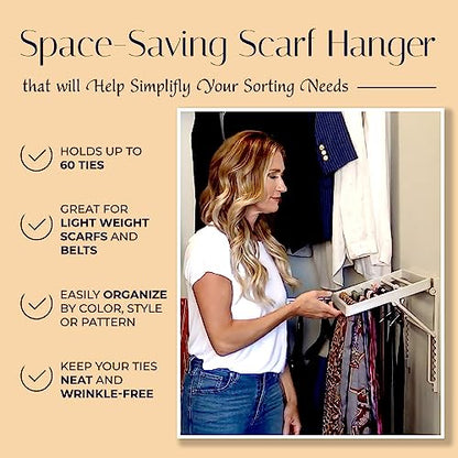 TieMaster Wall Mounted Tie Rack and Scarf Organizer with 5 Belt Hooks | Battery-Free, Holds 60 Ties and Scarves, Easy Installation, Sleek Durable Plastic Design for closet, Gift for Men and Women